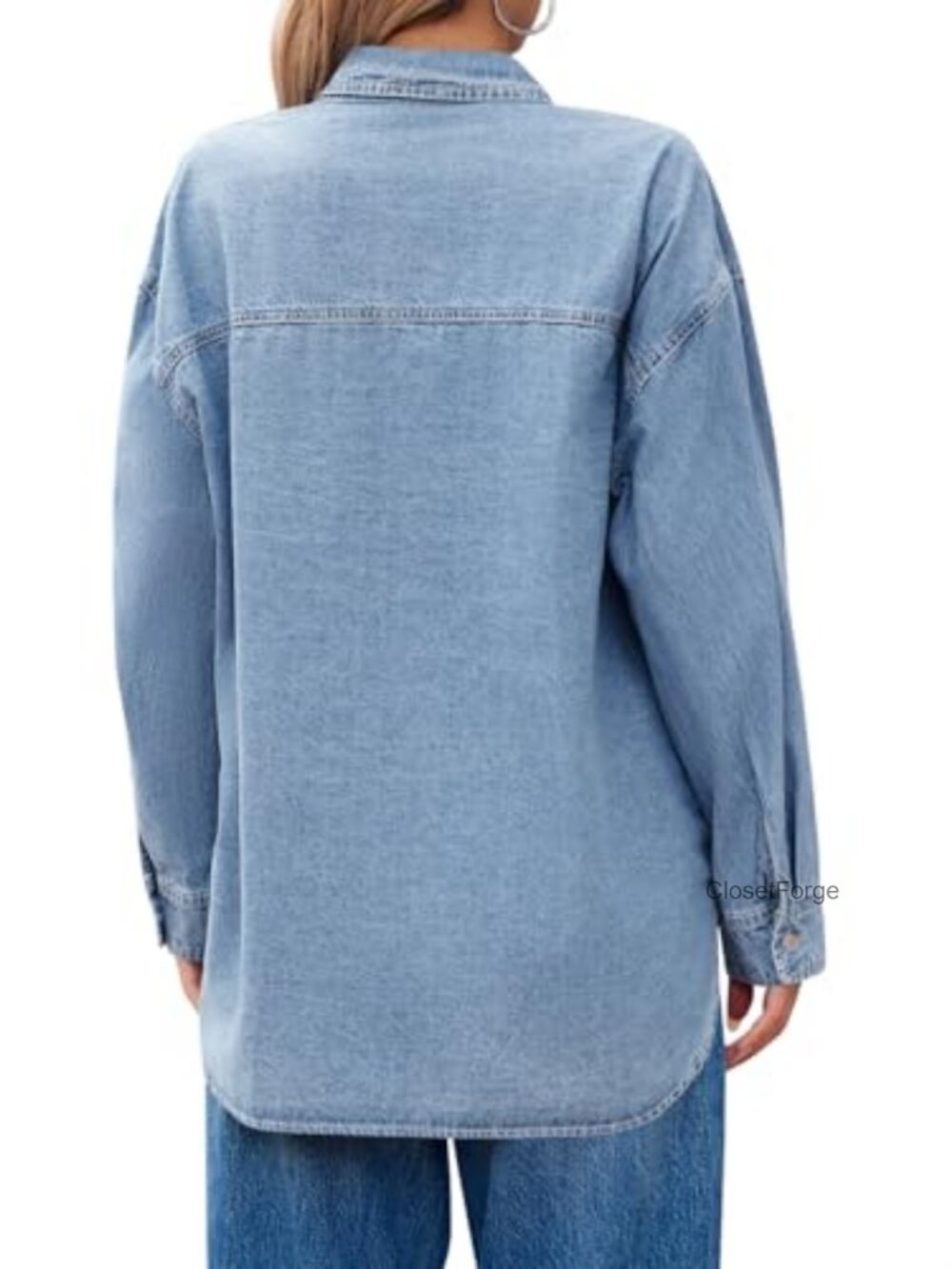 Oversized Denim Shirt Jacket Cotton Long Sleeve Button Down - Picture 5 of 6